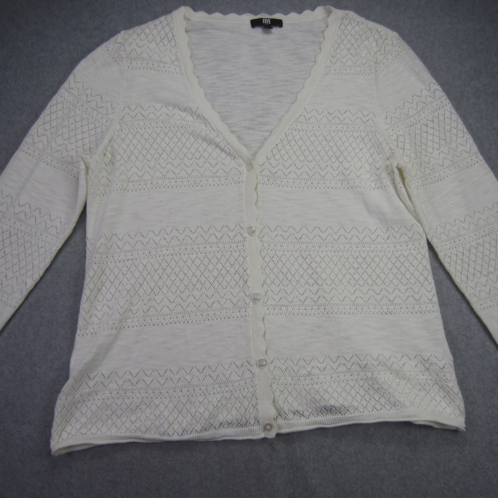 FRYE Sweater Womens‎ XL White Pointelle Scalloped V Neck Button Front Cardigan - Picture 5 of 16